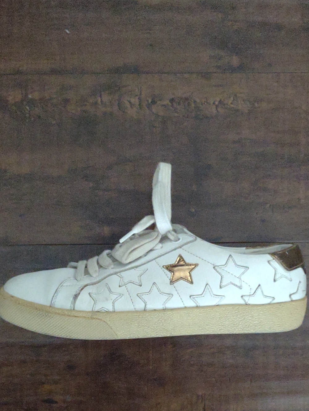 Saint Laurent White Leather Sneaker with Gold Star Accent